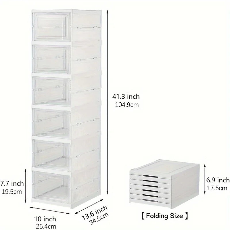 Foldable 6-Tier Shoe Organizer, Transparent Door, Stackable Space-Saving Sturdy Plastic Case