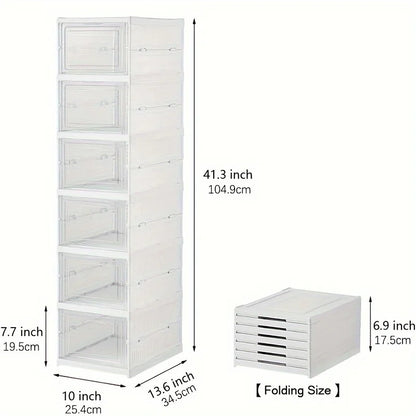 Foldable 6-Tier Shoe Organizer, Transparent Door, Stackable Space-Saving Sturdy Plastic Case
