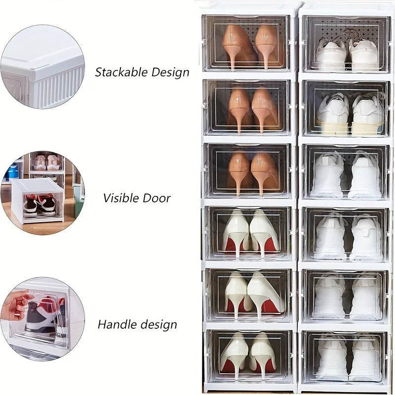 Foldable 6-Tier Shoe Organizer, Transparent Door, Stackable Space-Saving Sturdy Plastic Case