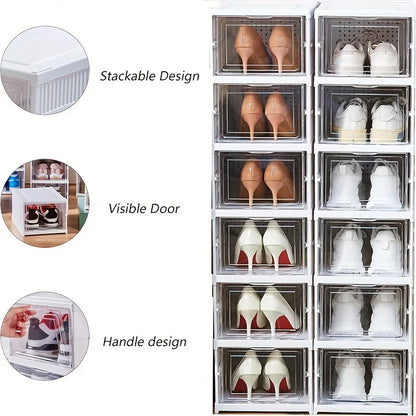 Foldable 6-Tier Shoe Organizer, Transparent Door, Stackable Space-Saving Sturdy Plastic Case
