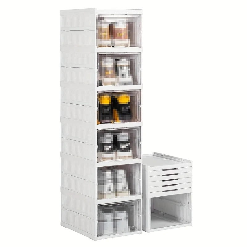 Foldable 6-Tier Shoe Organizer, Transparent Door, Stackable Space-Saving Sturdy Plastic Case
