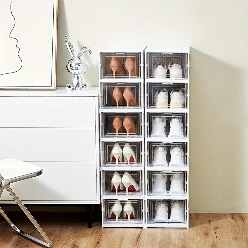 Foldable 6-Tier Shoe Organizer, Transparent Door, Stackable Space-Saving Sturdy Plastic Case