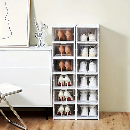 Foldable 6-Tier Shoe Organizer, Transparent Door, Stackable Space-Saving Sturdy Plastic Case