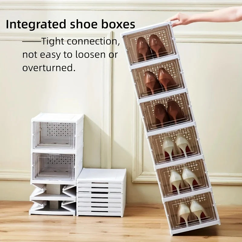 Foldable 6-Tier Shoe Organizer, Transparent Door, Stackable Space-Saving Sturdy Plastic Case