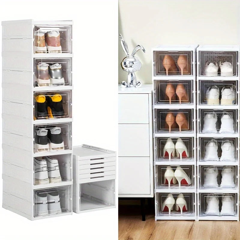 Foldable 6-Tier Shoe Organizer, Transparent Door, Stackable Space-Saving Sturdy Plastic Case