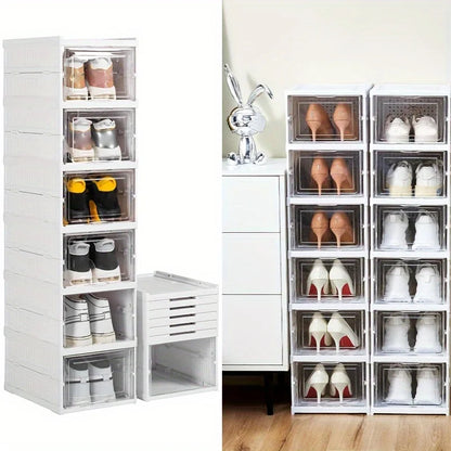 Foldable 6-Tier Shoe Organizer, Transparent Door, Stackable Space-Saving Sturdy Plastic Case